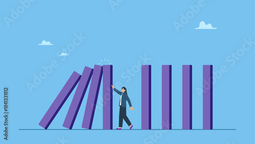 Confidence businesswoman help stop or protect collapsing dominos. Business crisis management, risk protection, insurance or help and support company avoiding dominos effect in economic crisis.