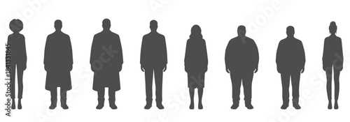 CAD top view of separate people silhouette with diverse body shapes—slim, average, heavy, tall, short. Vector illustration