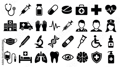 Large collection of black medical icons representing various healthcare and hospital elements like a stethoscope, syringe, ambulance, and doctor symbol in a simple glyph style