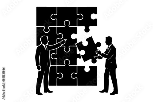 Two businessmen collaborating to solve a complex puzzle, symbolizing teamwork, strategy, and problem-solving in business development and project completion