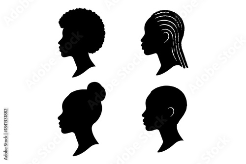 Silhouette Profile of Diverse African Hairstyles - A Collection of Four Unique and Stylized Black Hair Art Pieces