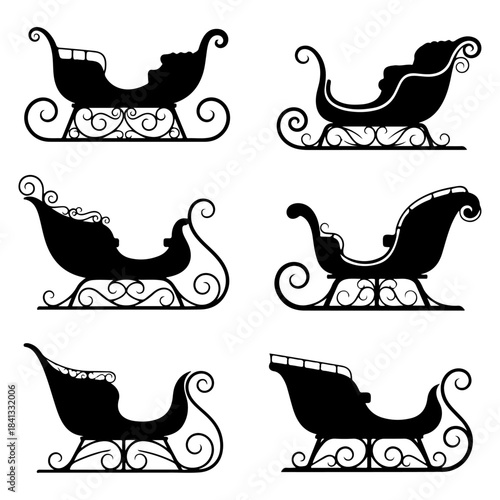 Collection of Six Black Silhouettes of Traditional Sleighs with Intricate Designs, Perfect for Festive and Winter Themed Projects