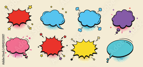 collection of colorful comic book speech and thought bubbles
