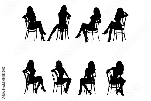 Diverse collection of stylized female silhouettes in various seated positions, showcasing elegant and casual postures ideal for graphic design and people-related projects