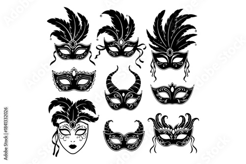 Vector collection of elegant black masquerade masks, featuring ornate Venetian carnival designs with intricate details and feathers, perfect for mysterious parties and celebrations