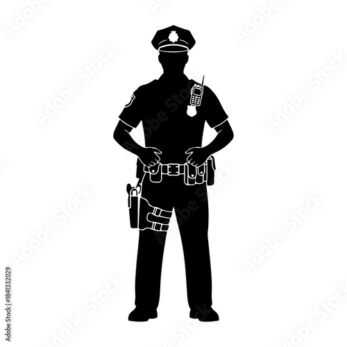 Striking silhouette illustration of a professional law enforcement officer in full uniform, symbolizing authority, security, and public safety, a dedicated guardian of peace and order