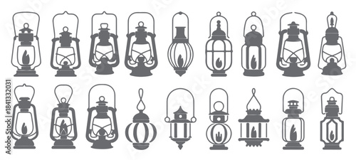 collection of gray silhouette oil lamps and lanterns various