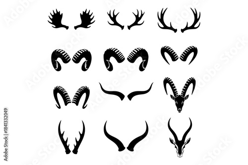 Collection of Various Horn Silhouettes on a White Background, Symbolizing Wildlife and Strength
