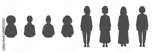 CAD top view vector illustration of people silhouette, each with highly detailed hair shapes - buns, ponytails, waves, curls, short cuts.