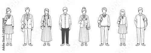 CAD top view vector drawing of students with different school uniform styles- shirts with ties, sweaters, jackets, pleated skirts, trousers, backpacks.