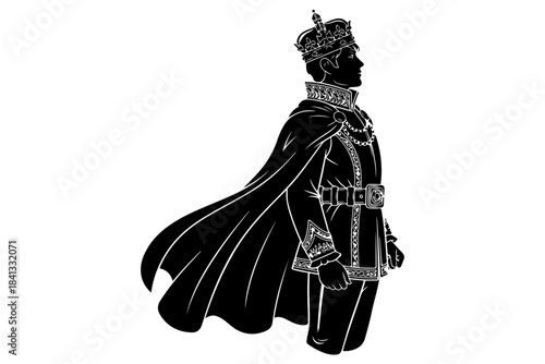 Powerful silhouette graphic of a regal figure, a monarch or prince, adorned with a majestic crown and flowing cape, symbolizing leadership, authority, and historical prestige