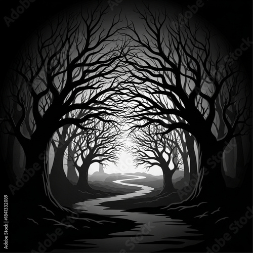 Eerie monochrome forest with gnarled, bare trees forming a mysterious archway over a winding path, leading into a shadowed, unknown realm