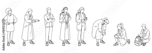CAD top view vector of individuals in complex natural poses- leaning sideways, reaching across body, kneeling, sitting on ground, picking an item, crossing arms. Vector illustration