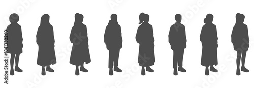 CAD top-view drawing of people silhouette- layered jackets, hoodie folds, shirt collars, long coats, skirt outlines, belts, pockets, seams, shoulder stitching, shoe patterns. Vector illustration