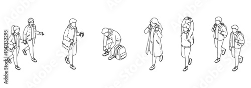 Top view CAD drawing of students in dynamic campus poses- walking in groups, tying shoelaces, adjusting hoodie. Vector illustration