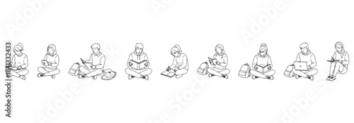 Top view CAD line drawing of students sitting on floor separately in different study poses - legs crossed, leaning forward, reading books, writing in notebooks, using tablets. Vector illustration