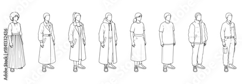 Top-view CAD drawing of people each in different fashion styles- long dress, coat with belt, hoodie, blazer, t-shirt, puffer jacket, skirt, cargo pants. Vector illustration