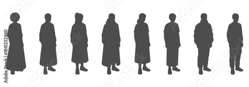 Top-view CAD drawing of people silhouette each in different fashion styles- long dress, coat with belt, hoodie, blazer, t-shirt, puffer jacket, skirt, cargo pants. Vector illustration