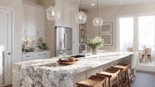 This bright and elegant interior shot captures a modern kitchen space, showcasing a luxurious marble island countertop with a built-in sink and stylish wooden bar stools. Overhead, three contemporary 