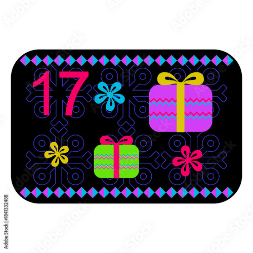 Neon colors Norwegian advent calendar illustration in flat vector style with celebrate symbol and ethnic ornament. Gifts