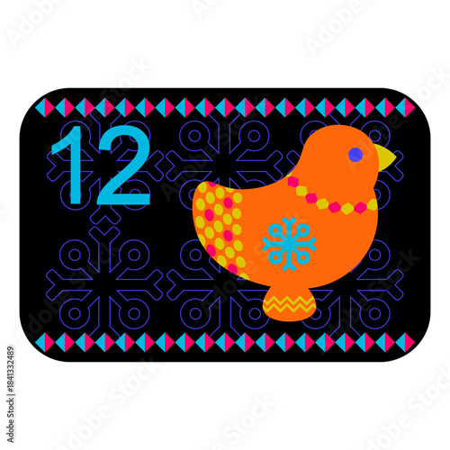 Neon colors Norwegian advent calendar illustration in flat vector style with celebrate symbol and ethnic ornament. Bird