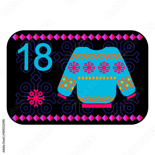 Neon colors Norwegian advent calendar illustration in flat vector style with celebrate symbol and ethnic ornament. Sweater