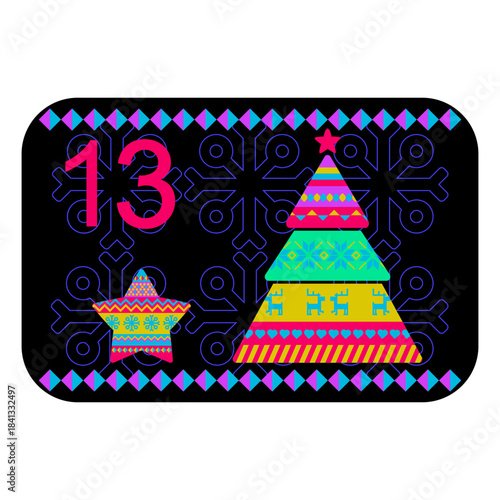 Neon colors Norwegian advent calendar illustration in flat vector style with celebrate symbol and ethnic ornament. New Year tree