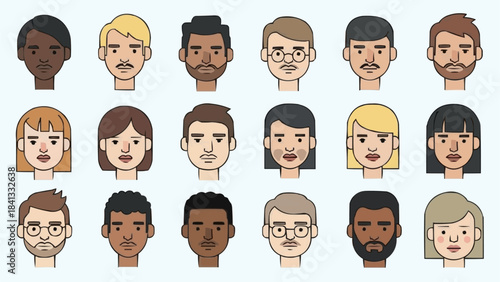 Diverse collection of illustrated human faces representing various ethnicities and expressions.