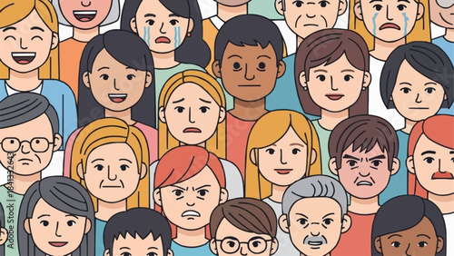 Diverse Crowd Expressing Various Emotions in a Group Setting.