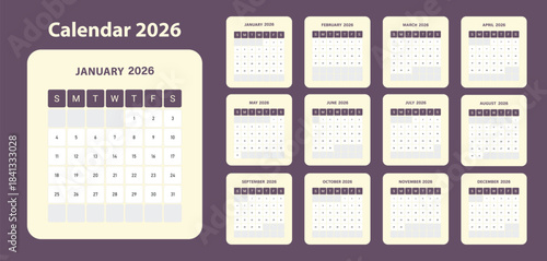Calendar 2026 application style and the week starts on Monday . Monthly calendar layout for 2026 year. Diary planner for 2026 year. Week Starts on Sunday.2026 Calendar Planner Set of Template Monthly 