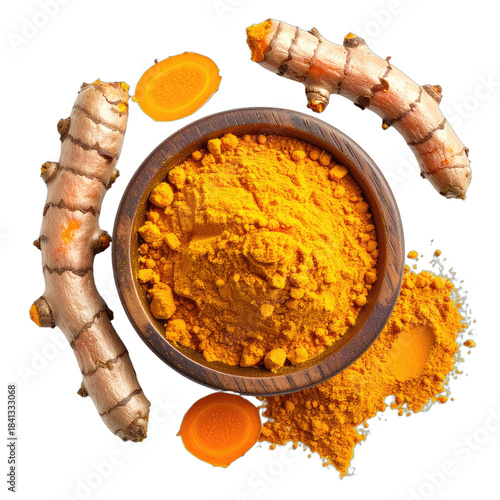 Vibrant overhead view of fresh and ground turmeric roots against a black background.