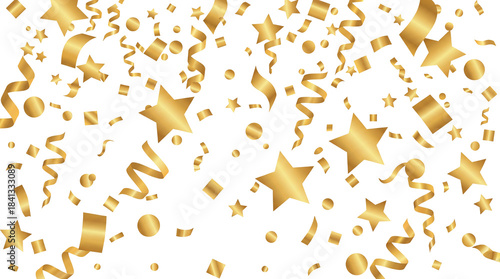 Gold Curly Confetti Ribbons and Streamers isolated on white background