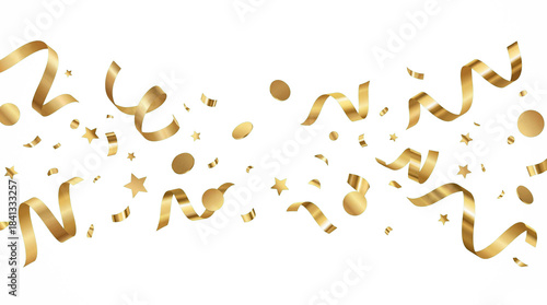 Golden Confetti Banner Background with Floating Ribbons and Stars