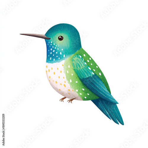 Vibrant Watercolor Hummingbird Illustration. Cute Green and Teal Bird Art