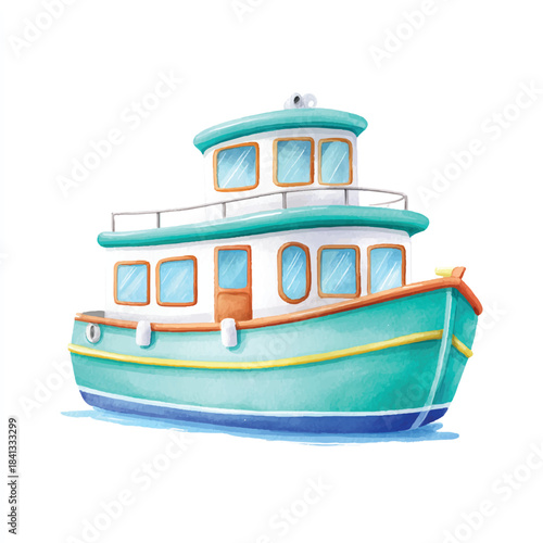 Whimsical Watercolor Boat Illustration. Cute Cartoon Ship for Kids and Travel.