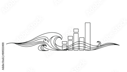 Modern city skyline with ocean waves urban waterfront illustration