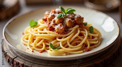 Spaghetti carbonara (Italy) served authentically on a plate

