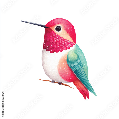 Vibrant Watercolor Hummingbird Illustration Perched on Branch