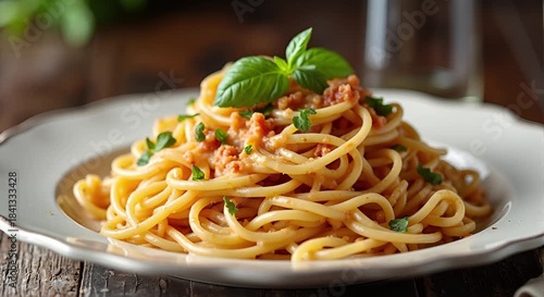  Spaghetti carbonara (Italy) served authentically on a plate
