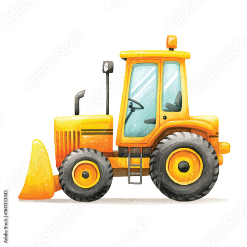 Yellow Tractor Construction Vehicle Watercolor Illustration