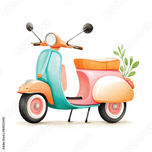 Whimsical Watercolor Scooter Illustration, Retro Travel Vehicle
