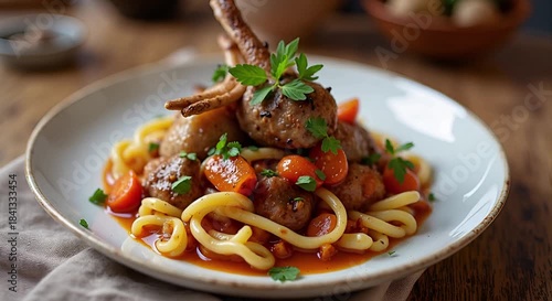  Stuffat tal‑fenek, rabbit stew (Malta) served authentically on a plate
