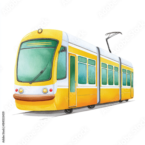 Yellow Watercolor Tram Illustration, Modern City Public Transport