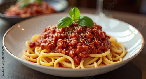  Tagliatelle al ragù bolognese (Italy) served authentically on a plate
