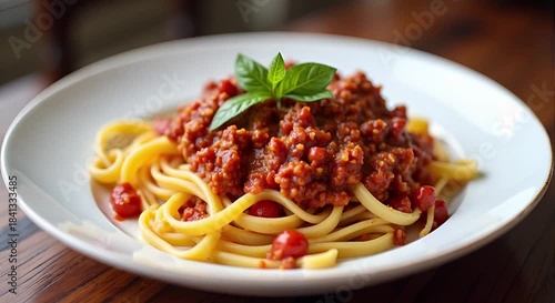  Tagliatelle al ragù bolognese (Italy) served authentically on a plate
