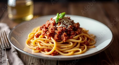  Tagliatelle al ragù bolognese (Italy) served authentically on a plate
