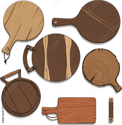 Create a kinds of deferent realistic round natural wood serving board with a handle is perfectly vector art with white background