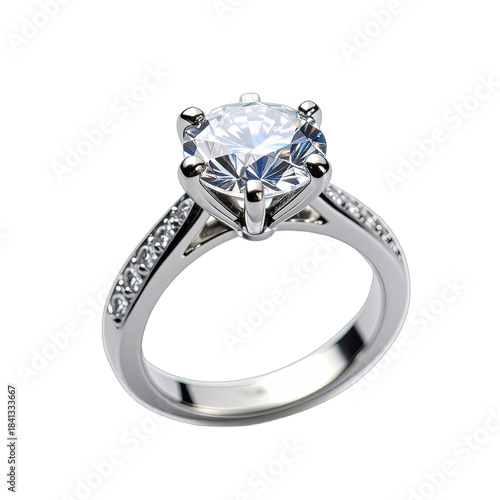 A stunning, brilliant-cut diamond solitaire engagement ring set in a polished white gold band with pave side stones.