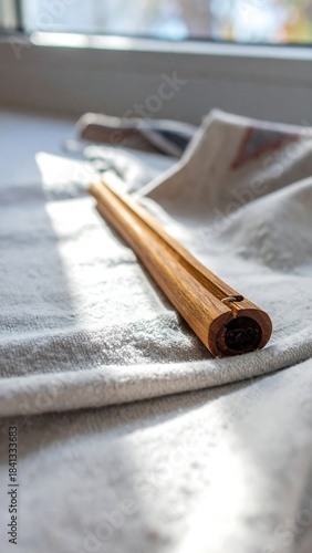 Light-colored wooden rod on a white cloth