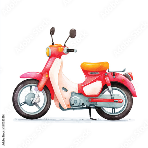 Vintage Red Scooter Moped Watercolor Illustration